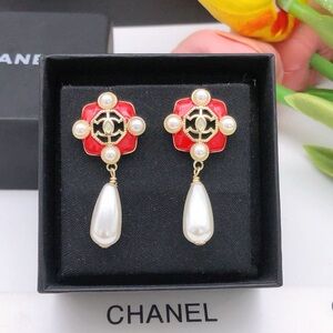 CHANEL Red and Gold Pearl Earrings